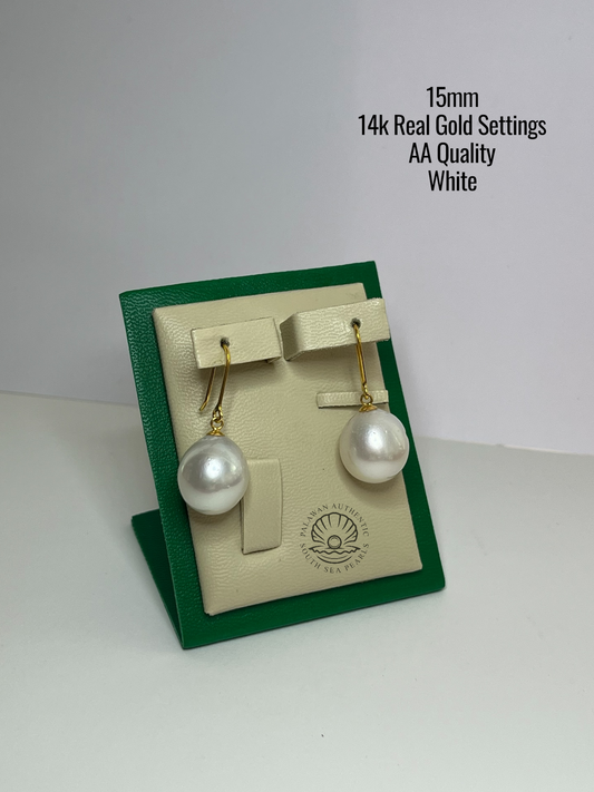15mm Palawan Authentic White Color South Sea Pearl in 14k Real Gold Settings