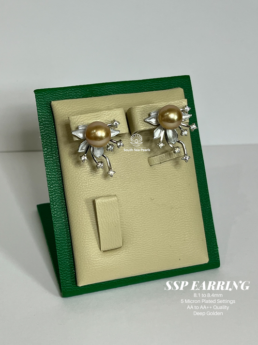 8.1 to 8.4mm Palawan Authentic Deep Golden Color South Sea Pearl Earrings in 5 Micron Plated Settings
