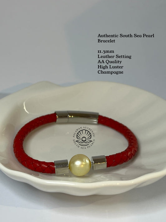 11.3mm Palawan Authentic Champagne Color South Sea Pearl Bracelet in Leather Settings