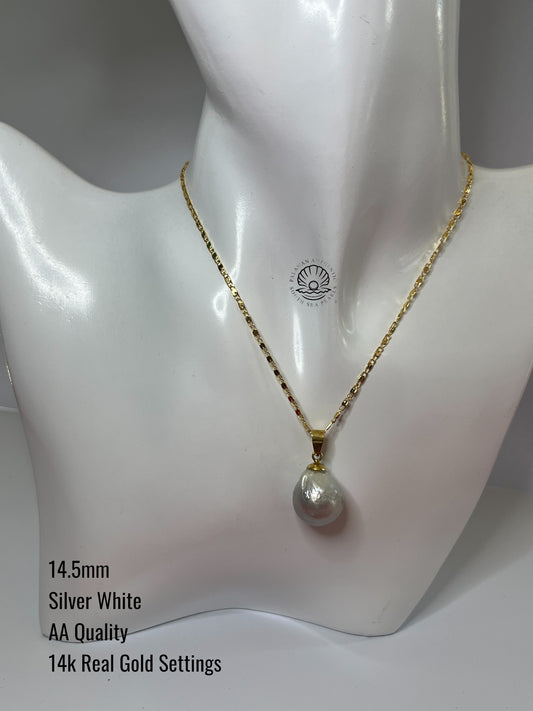 14.5mm Palawan Authentic Silver White Color South Sea Pearl Pendant in 14k Real Gold Settings
