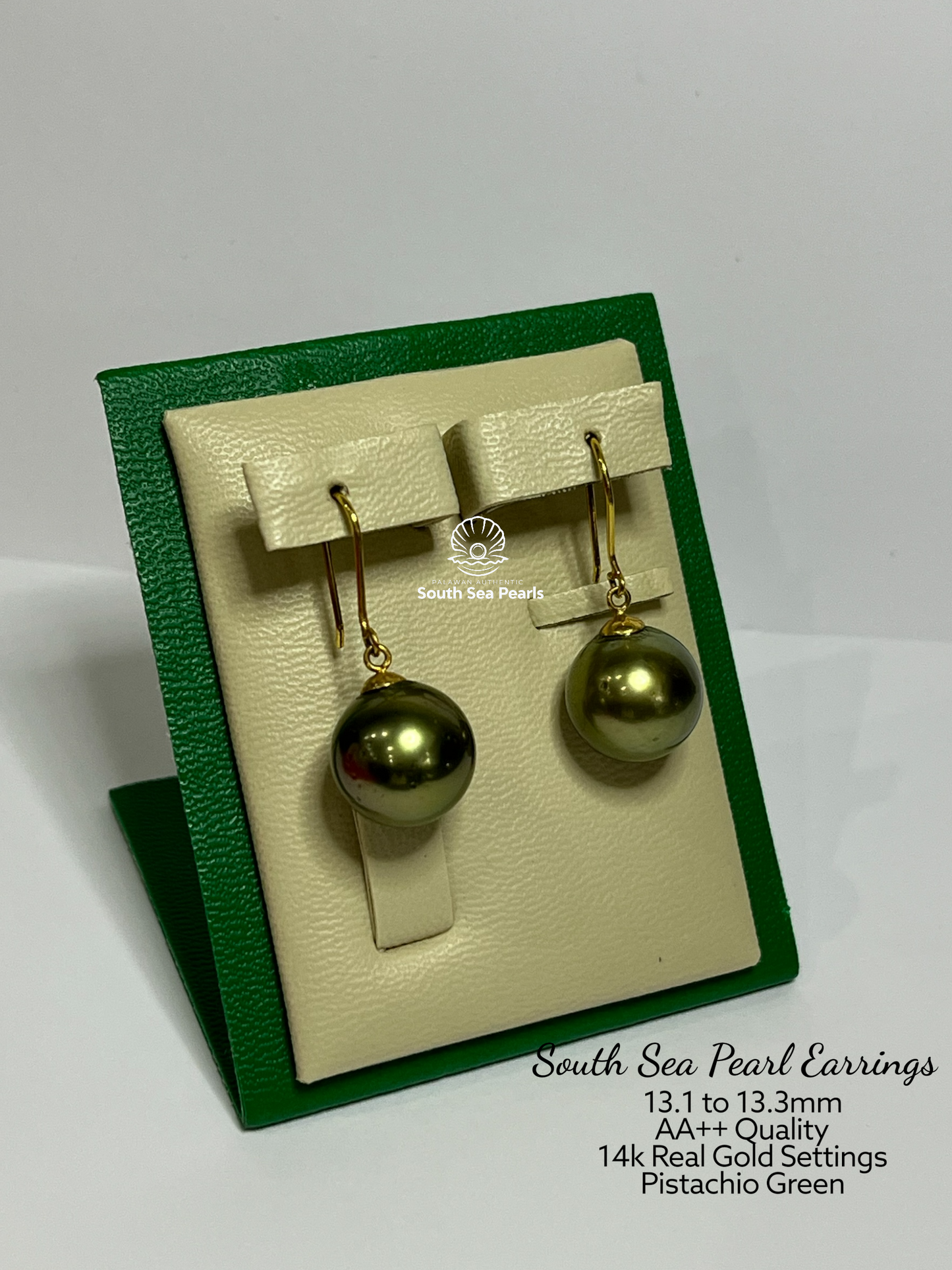 13.1 to 13.3mm Palawan Authentic Pistachio Green Color South Sea Pearl Earrings in 14k Real Gold Settings