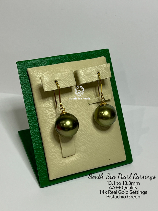 New Arrival! 13.1 to 13.3mm Palawan Authentic Pistachio Green Color South Sea Pearl Earrings in 14k Real Gold Settings