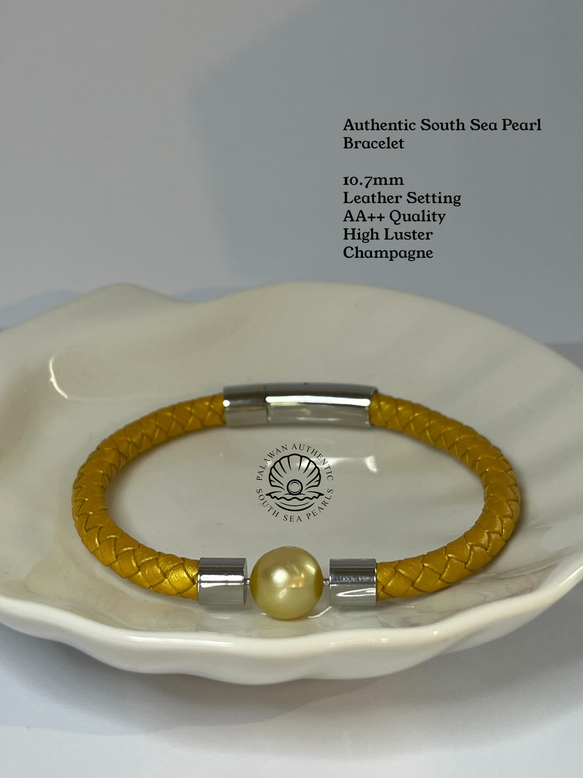 10.7mm Palawan Authentic Champagne Color South Sea Pearl Bracelet in Leather Settings