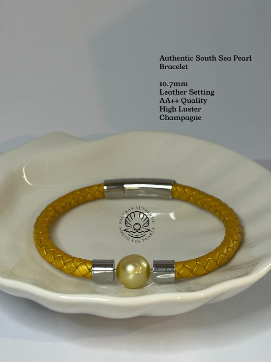 10.7mm Palawan Authentic Champagne Color South Sea Pearl Bracelet in Leather Settings
