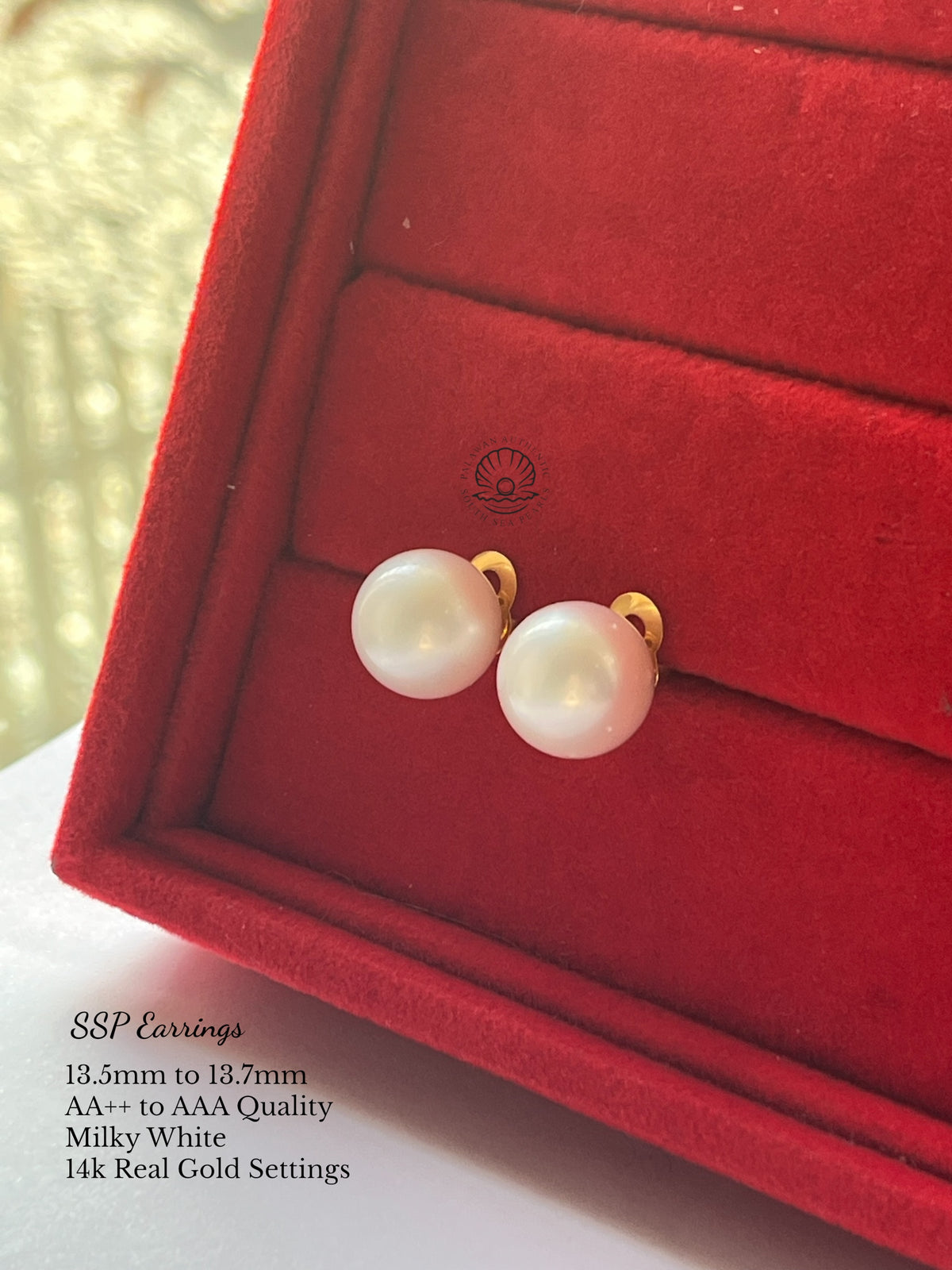 13.5 to 13.7mm Palawan Authentic Milky White Color South Sea Pearl Earrings in 14k Real Gold Settings