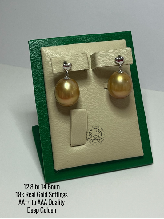 12.8/14.6mm Palawan Authentic Deep Golden Color South Sea Pearl in 18k Real Gold Settings