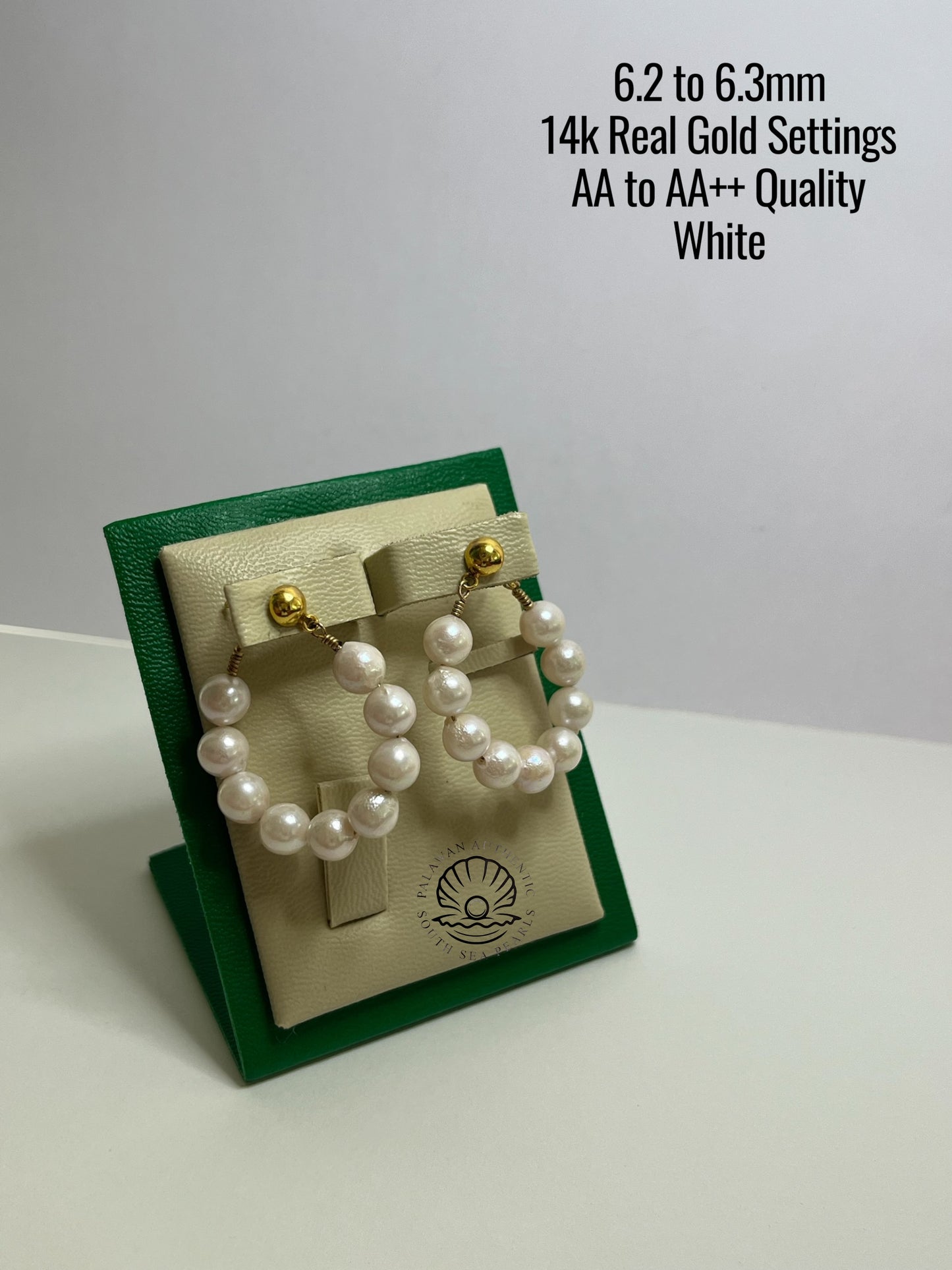 6.2 to 6.3mm Palawan Authentic White Color South Sea Pearl Earrings in 14k Real Gold Settings
