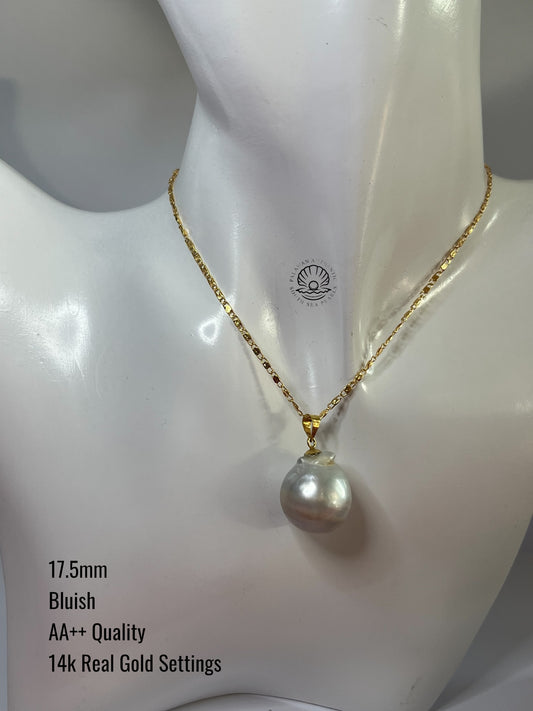 17.5mm Palawan Authentic Bluish Color South Sea Pearl Pendant in 14k Real Gold Settings