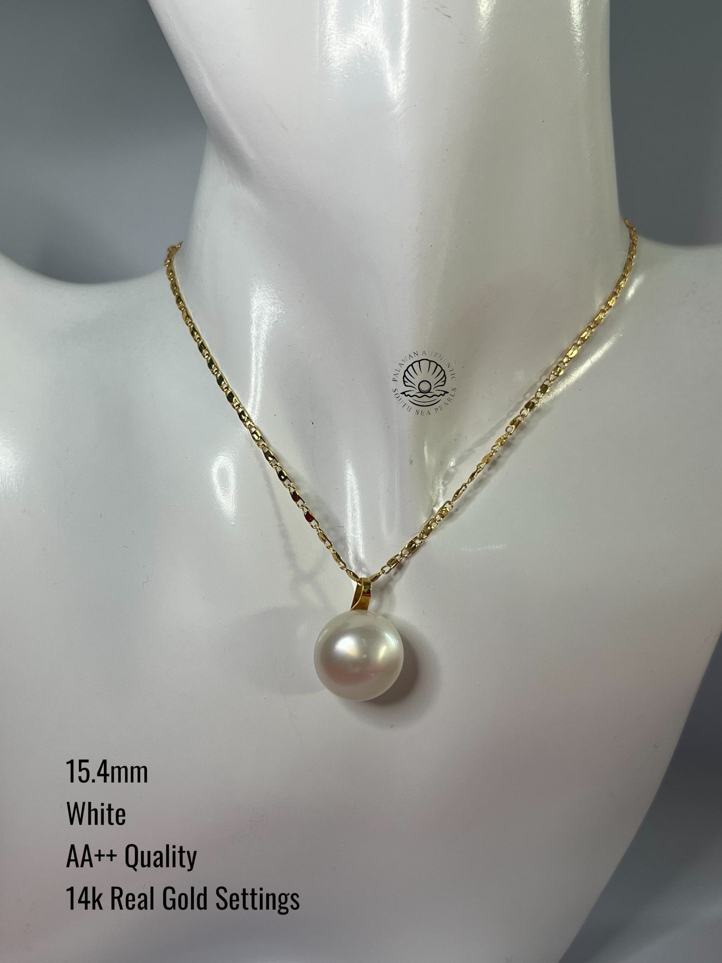 15.4mm Palawan Authentic White Color South Sea Pearl Pendant in 14k Real Gold Settings