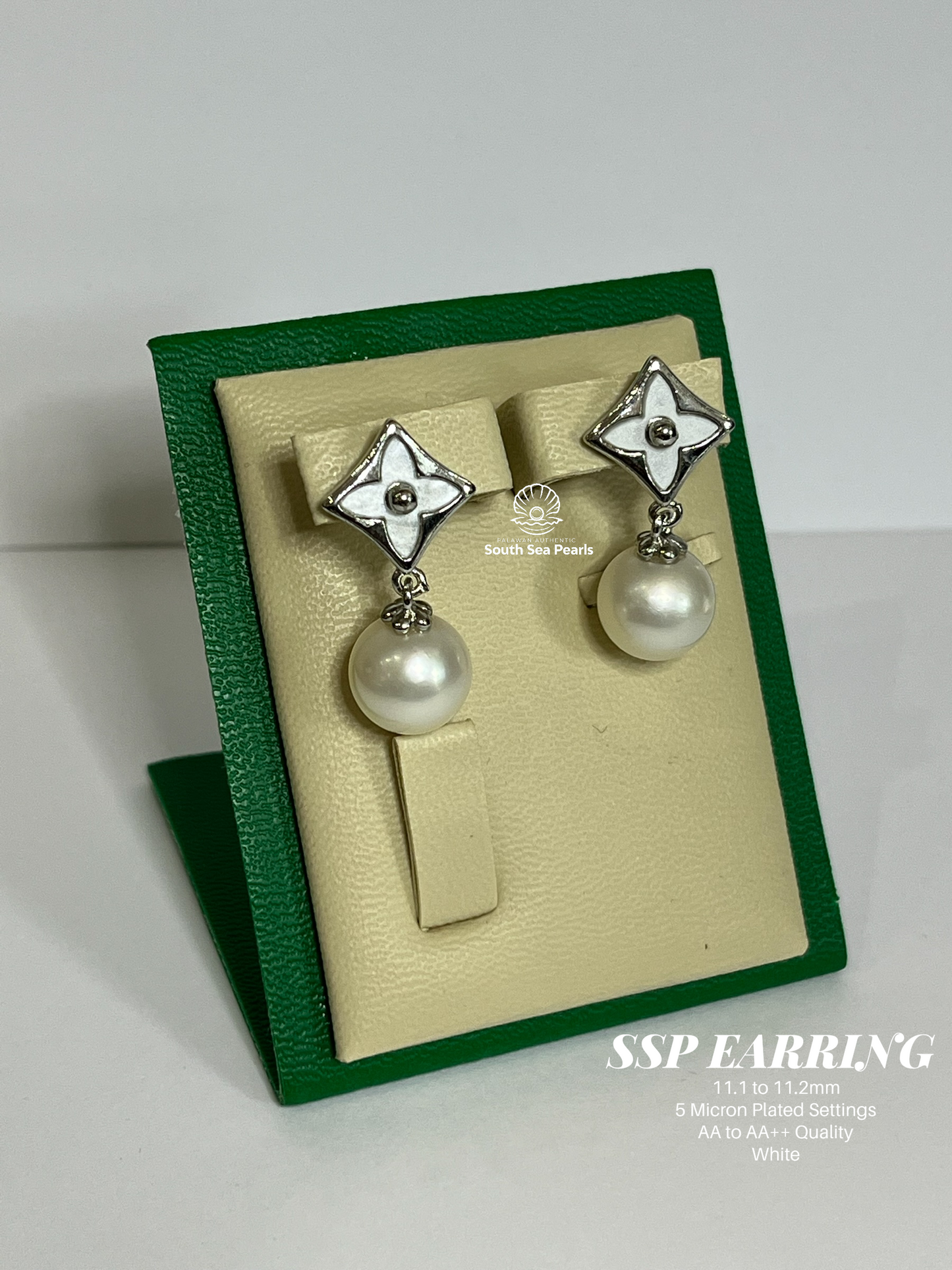 11.1 to 11.2mm Palawan Authentic White Color South Sea Pearl Earrings in 5 Micron Plated Settings