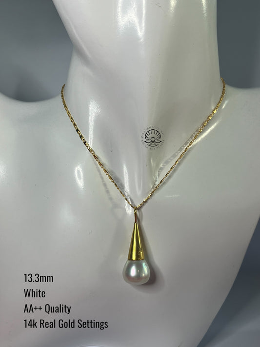 13.3mm Palawan Authentic White Color South Sea Pearl Pendant in 14k Real Gold Settings