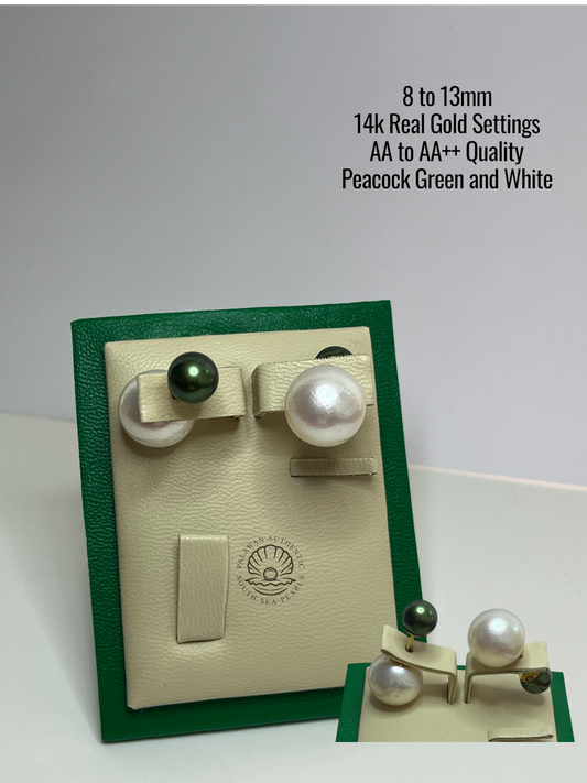 8 to 13mm Palawan Authentic White and Peacocked Green Color South Sea Pearl in 14k Real Gold Settings