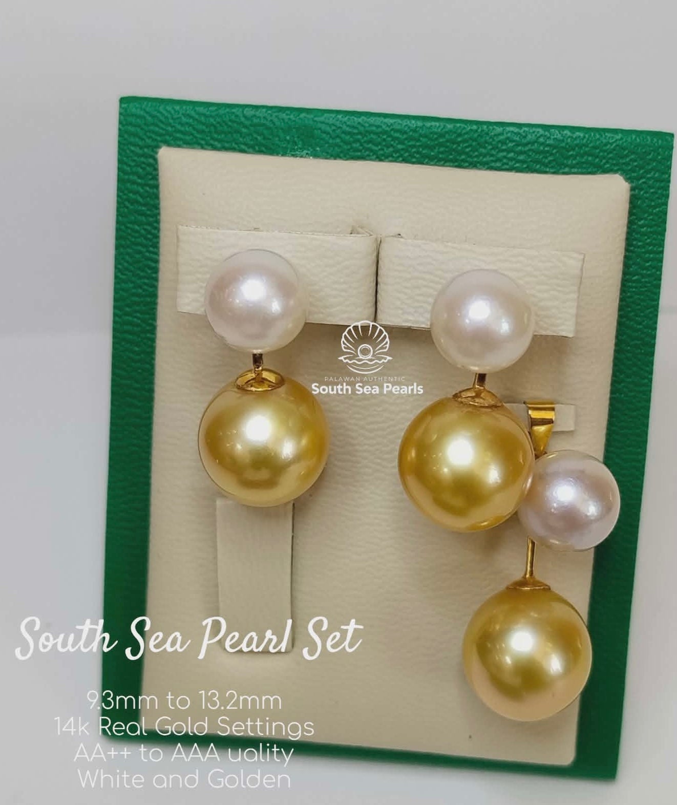 9.3 to 13.2mm Palawan Authentic White and Golden Color South Sea Pearl Sets in 14k Real Gold Settings