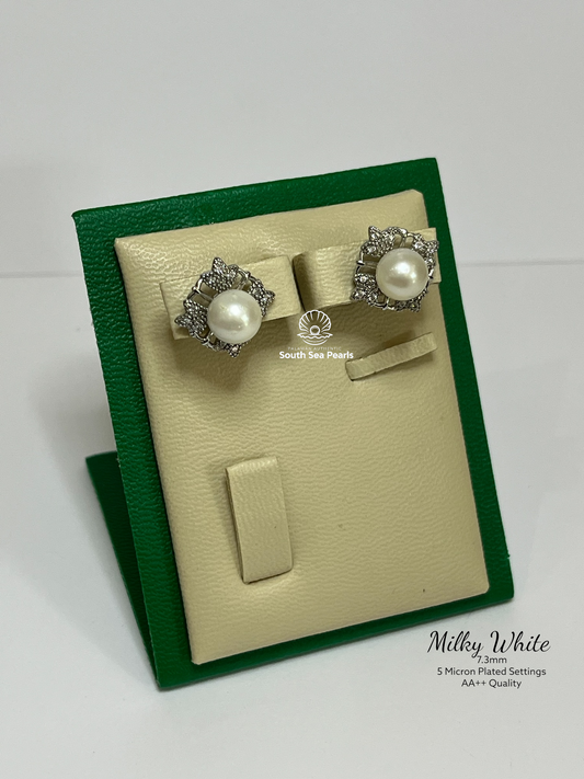 7.3mm Palawan Authentic Milky White Color South Sea Pearl Earrings in 5 Micron Plated Settings
