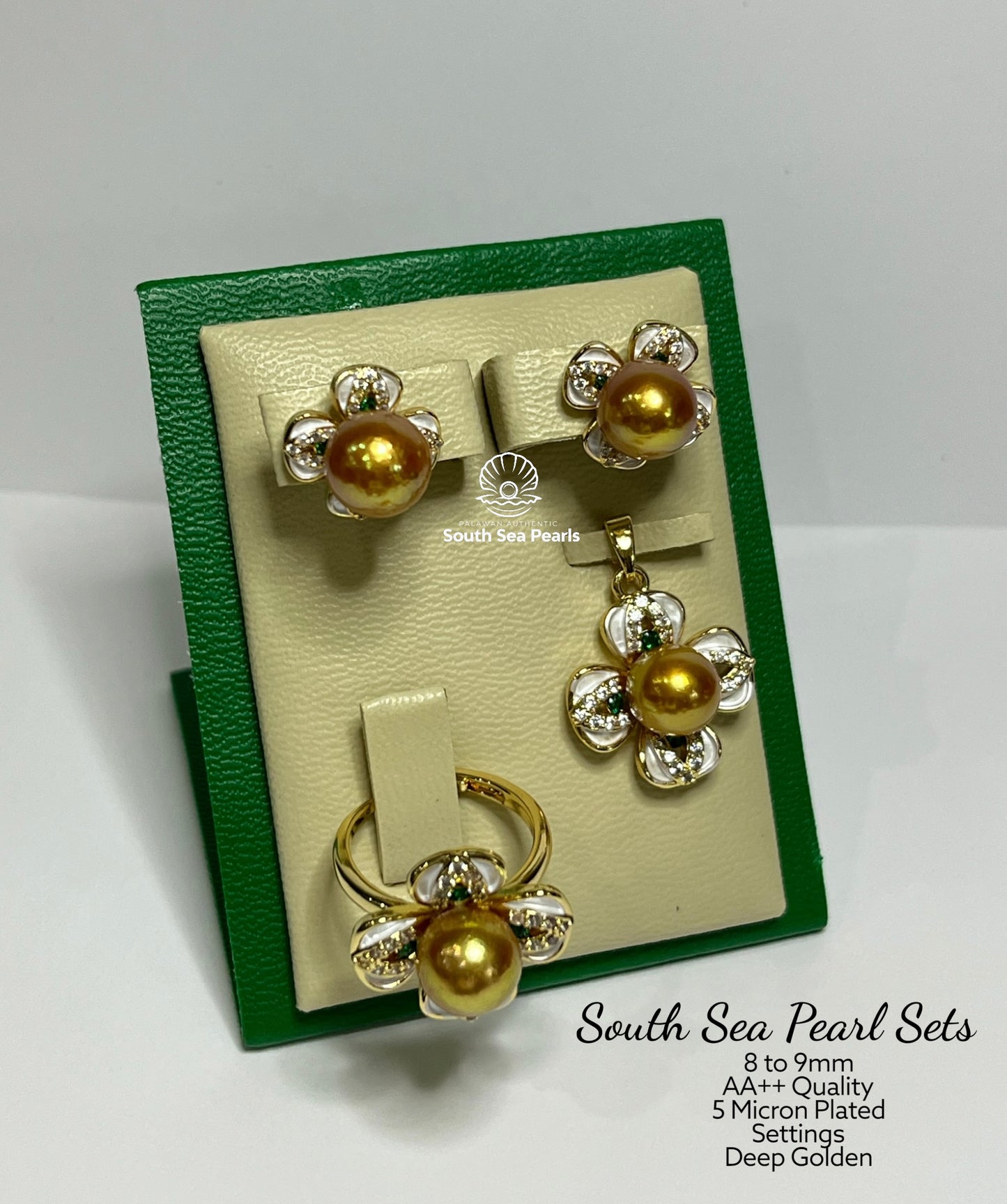 8 to 9mm Palawan Authentic Deep Golden Color South Sea Pearl Sets in 5 Micron Settings