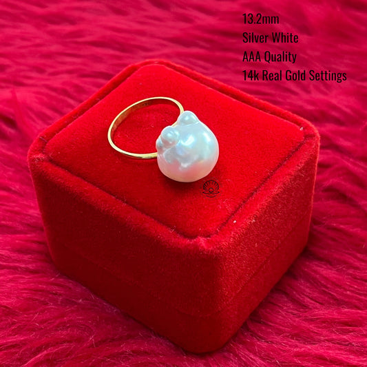 13.2mm Palawan Authentic Silver White Color South Sea Pearl Ring in 14k Real Gold Settings