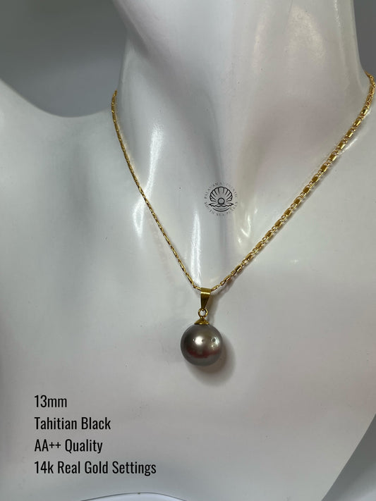 13mm Palawan Authentic Tahitian Black Color South Sea Pearl Pendant in 14k Real Gold Settings
