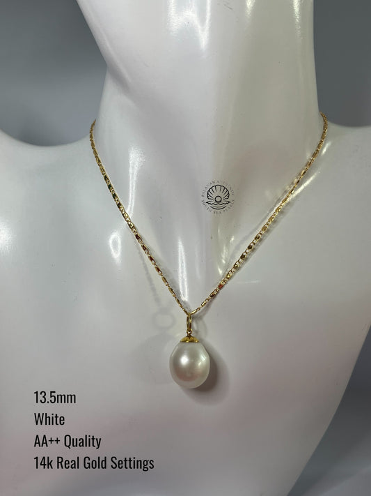 13.5mm Palawan Authentic White Color South Sea Pearl Pendant in 14k Real Gold Settings