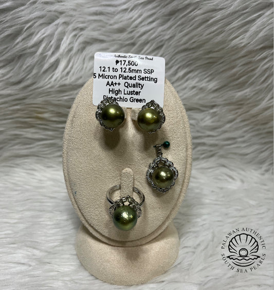 12.1 to 12.5mm Authentic Pistachio Green Color South Sea Pearl Set in 5 Micron Settings l