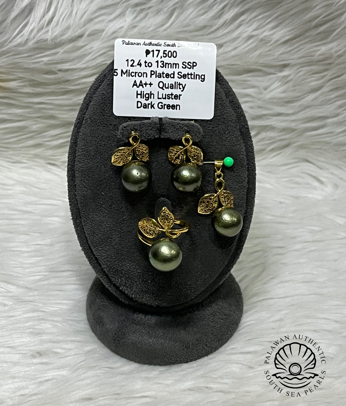 12.4 to 13mm Authentic Dark Green Color South Sea Pearl Set in 5 Micron Settings