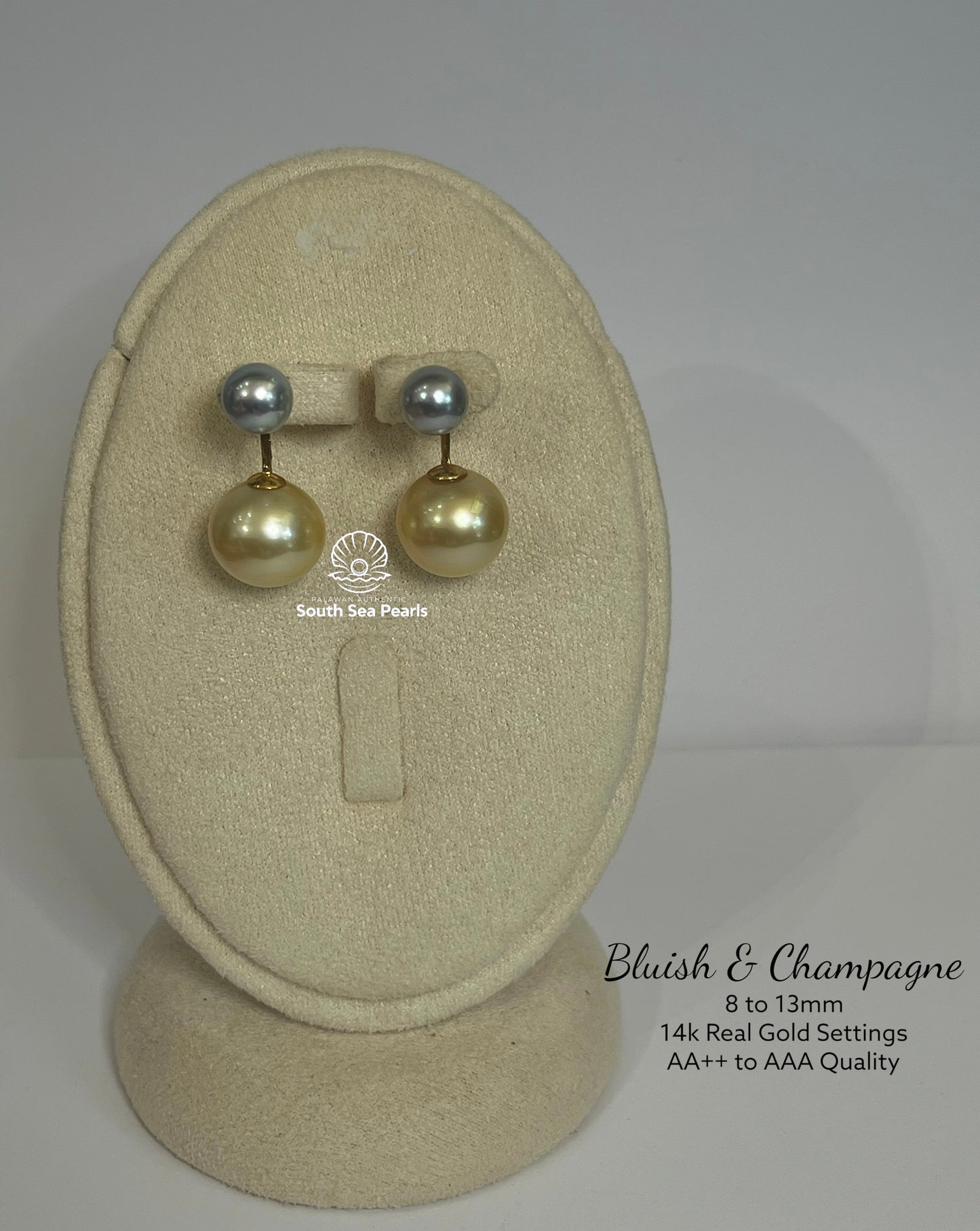 New Arrival! 8 to 13mm Palawan Authentic Bluish & Champagne Color South Sea Pearl Earrings in 14k Real Gold Settings