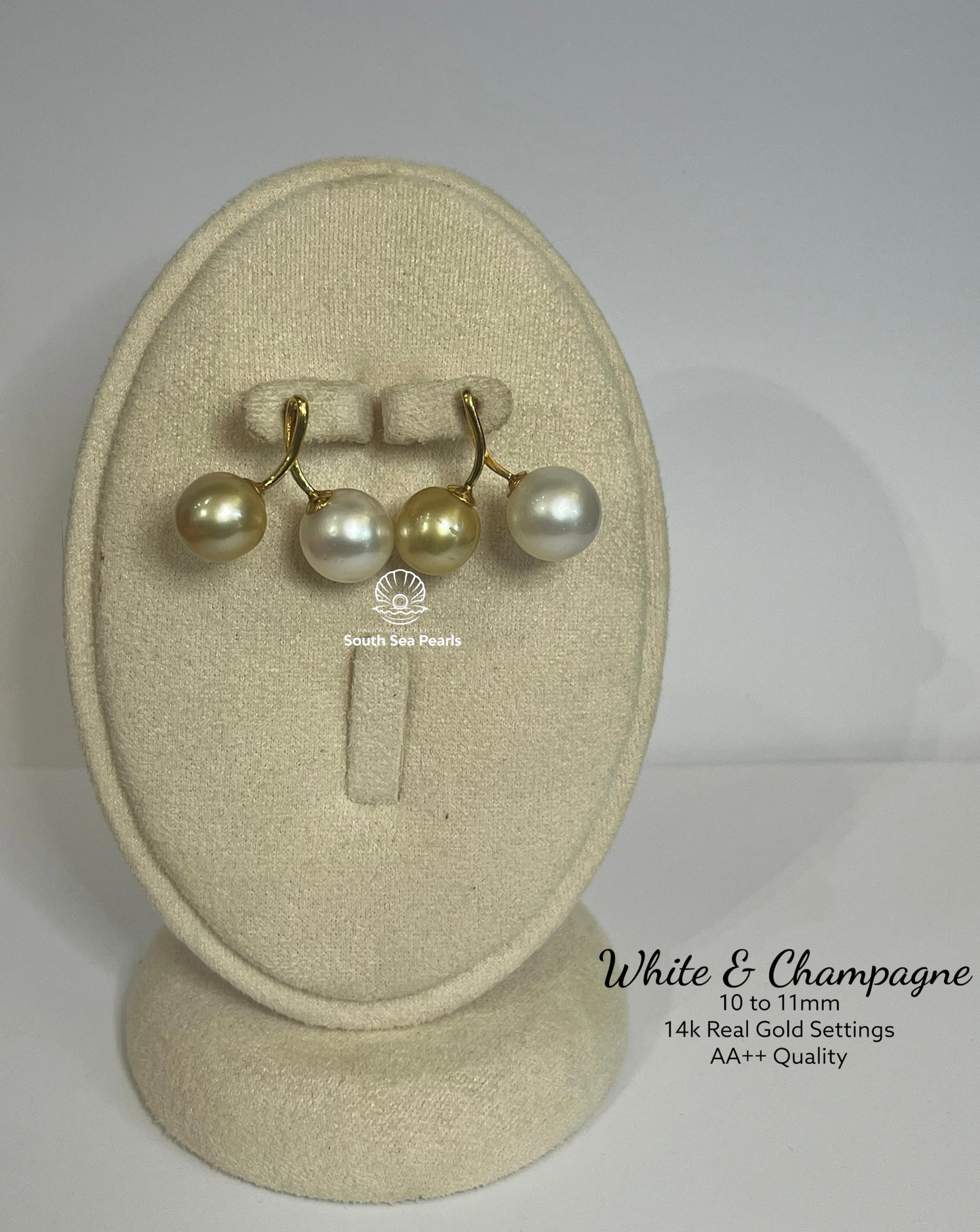 New Arrival! 10 to 11mm Palawan Authentic White & Champagne Color South Sea Pearl Earrings in 14k Real Gold Settings