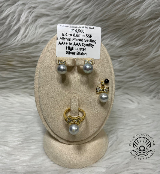 8.4 to 8.8mm Authentic Silver Bluish Color South Sea Pearl Set in 5 Micron Sittings