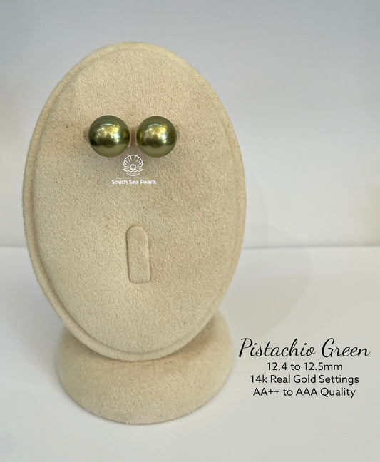 New Arrival! 12.4 to 12.5mm Palawan Authentic Pistachio Green Color South Sea Pearl Earrings in 14k Real Gold Settings