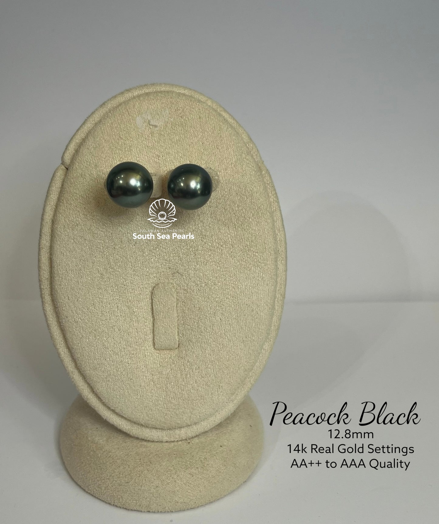 New Arrival! 12.8mm Palawan Authentic Peacock Black Color South Sea Pearl Earrings in 14k Real Gold Settings