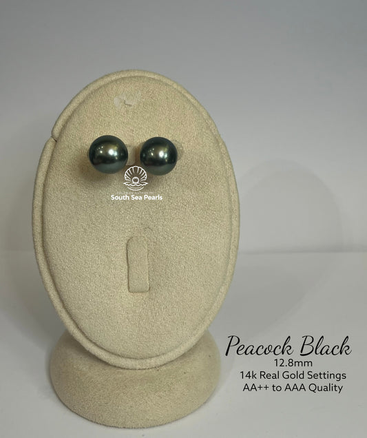 New Arrival! 12.8mm Palawan Authentic Peacock Black Color South Sea Pearl Earrings in 14k Real Gold Settings