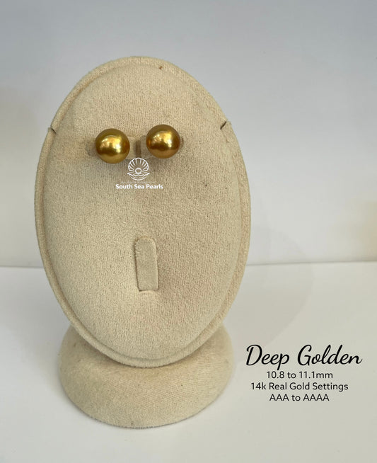 New Arrival! 10.8 to 11.1mm Palawan Authentic Deep Golden Color South Sea Pearl Earrings in 14 k Real Gold Settings