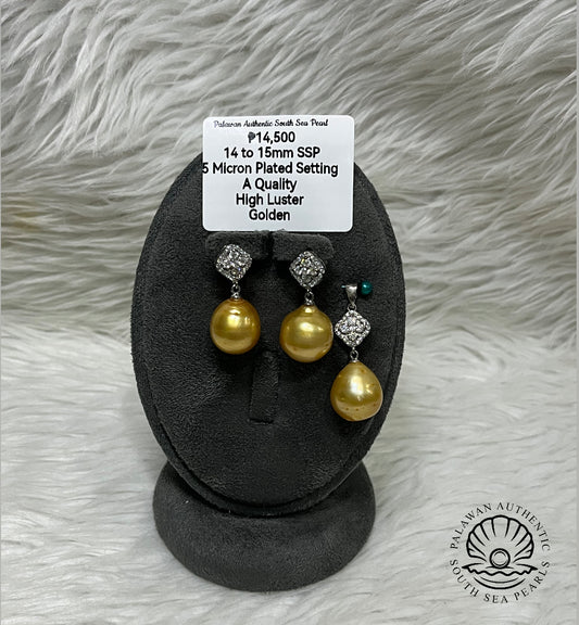 14mm to 15mm Authentic Golden South Sea Pearls in 5 Microns Plated Settings