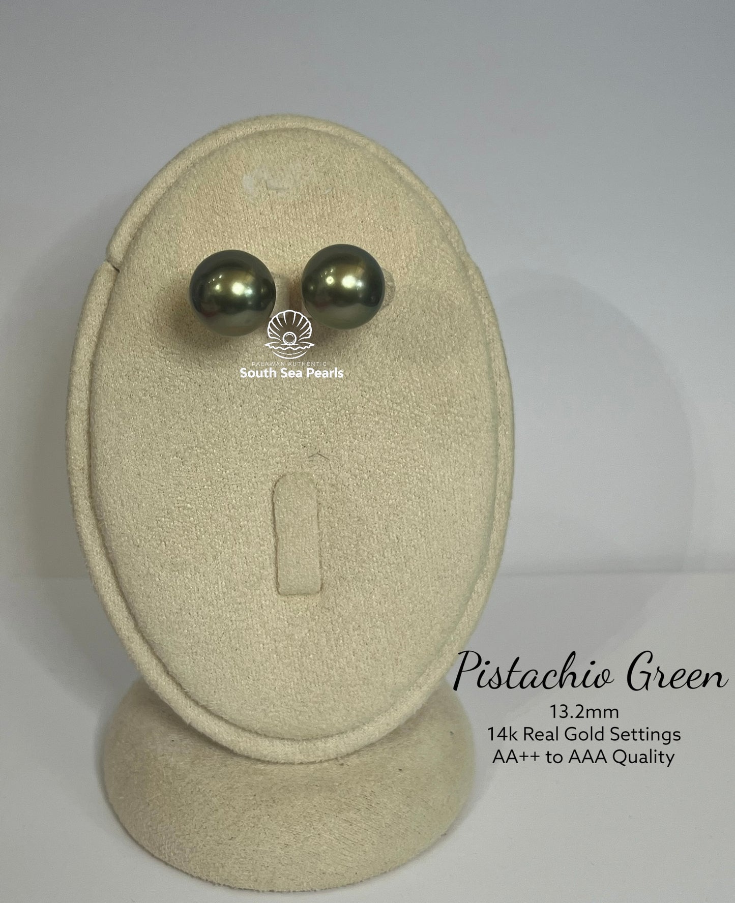 New Arrival! 13.2mm Palawan Authentic Pistachio Green Color South Sea Pearl Earrings in 14k Real Gold Settings