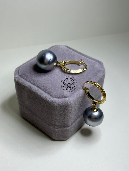 New Arrival! 14.1mm Palawan Authentic Gray Color South Sea Pearl Earrings in 14k & 18k Real Gold Settings
