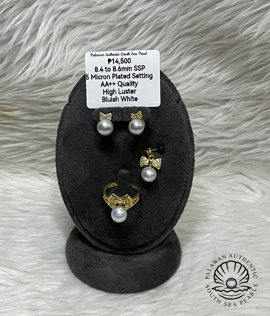 8.4 to 8.6mm Authentic Bluish White South Sea Pearl Set in 5 Micron Settings