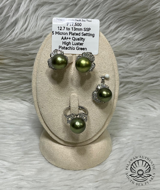 12.7 to 13mm Authentic Pistachio Green Color South Sea Pearl Set in 5 Micron Settings