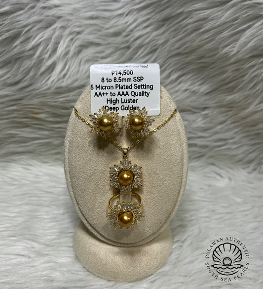 8 to 8.5mm Authentic Deep Golden Color South Sea Pearl Set in 5 Micron Settings