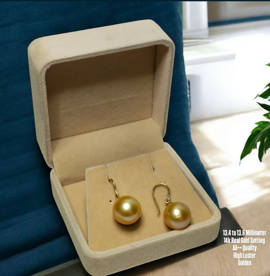 New Arrival! 13.4 to 13.6mm Authentic Golden Color South Sea Pearl in 14k Real Gold Settings