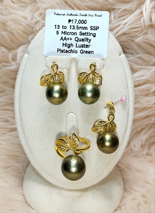 13 to 13.5mm Authentic Pistachio Green Color South Sea Pearls Set's in 5 Micron Settings