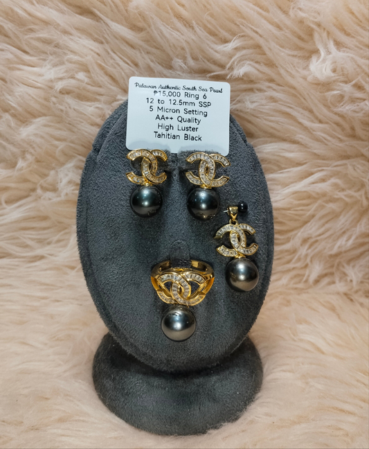 12 to 12.5mm Author Tahitian Black Color South Sea Pearl Set in 5 Micron Settings