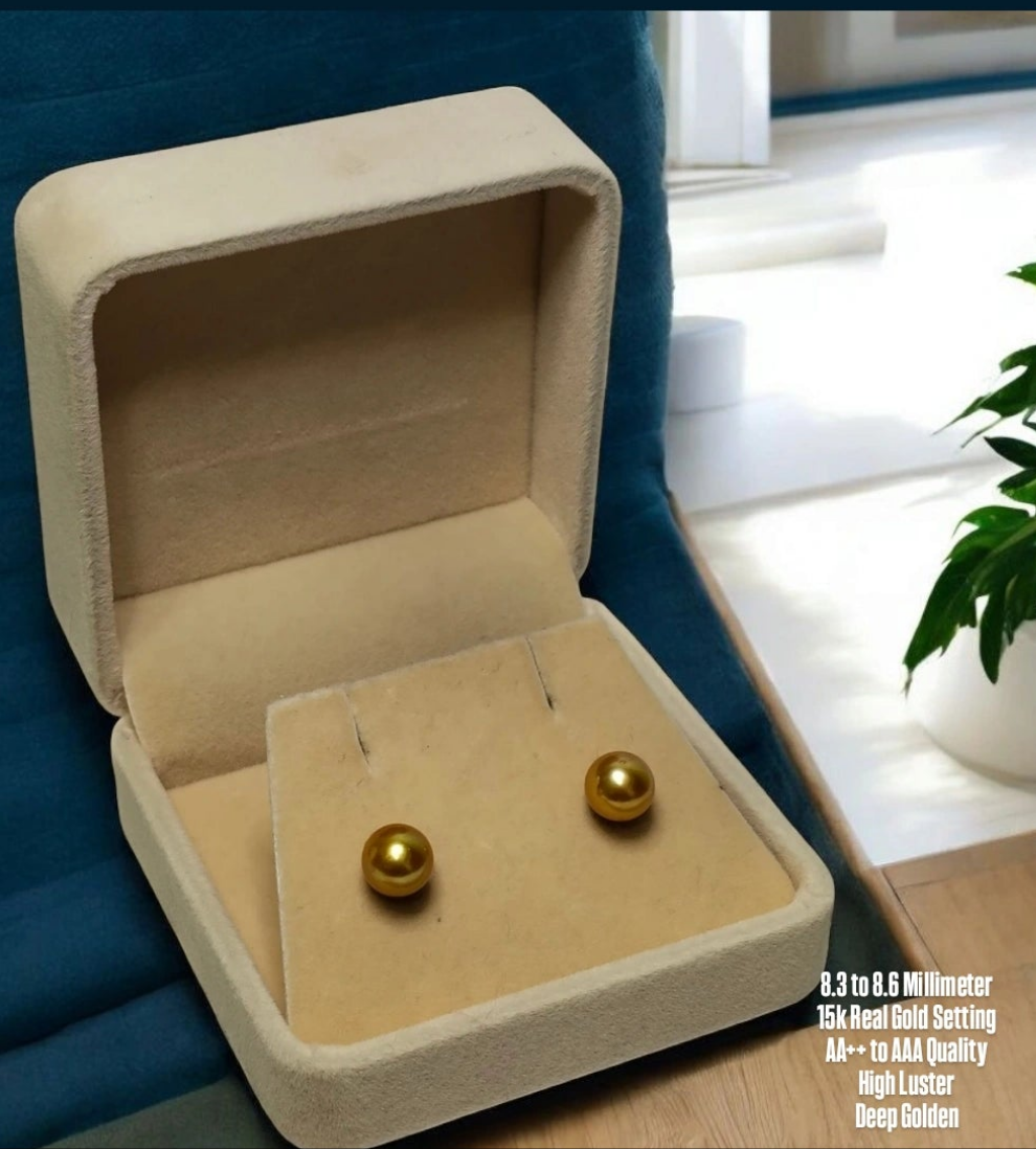 New Arrival! 8.3 to 8.7mm Authentic Deep Golden Color South Sea Pearl in 14k Real Golf Settings