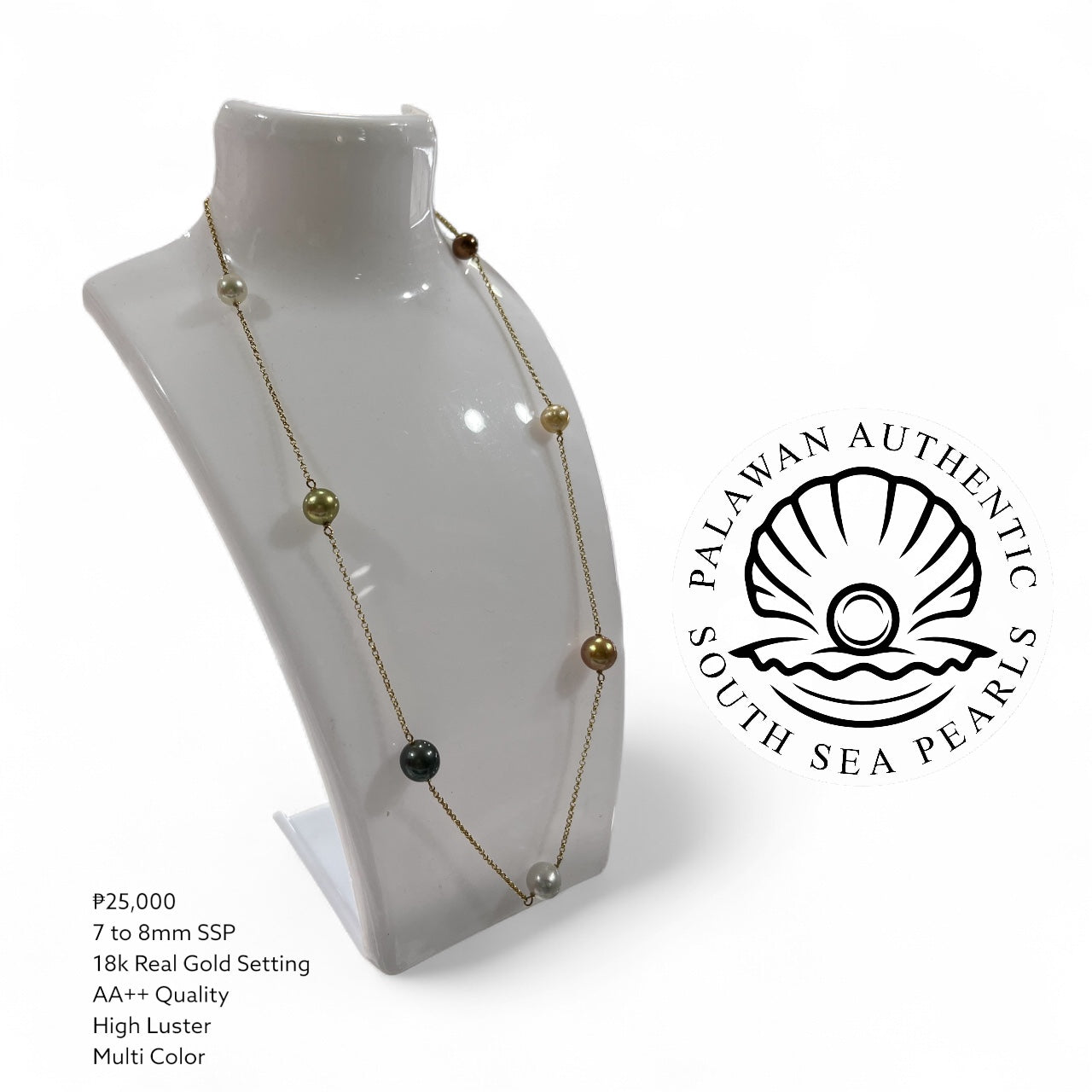 7 to 8mm Authentic Multi Color South Sea Pearl Station Necklace in 18k Real Gold Setting