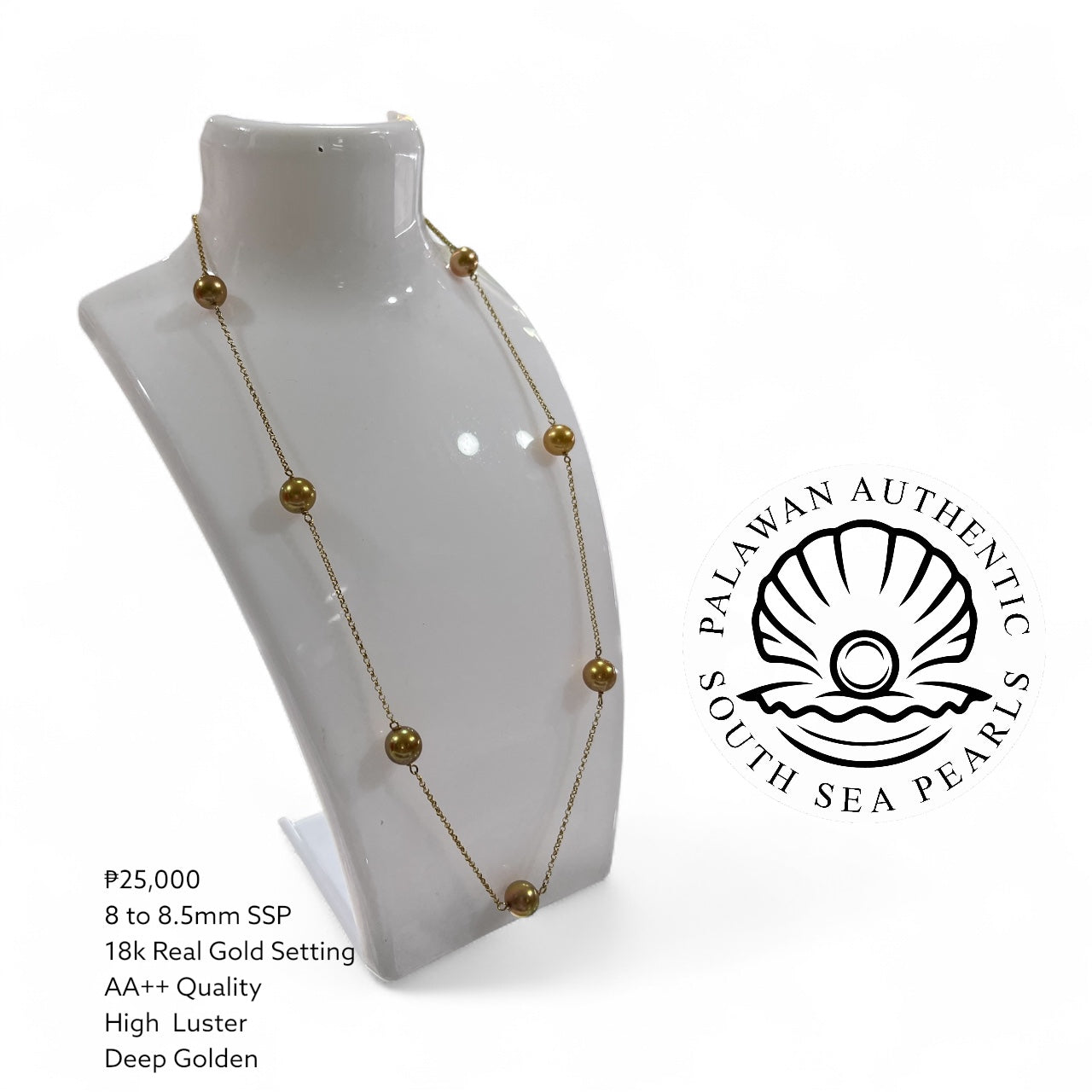 8 to 8.5mm Authentic Deep Golden Color South Sea Pearl Station Necklace in 18k Real Gold Setting