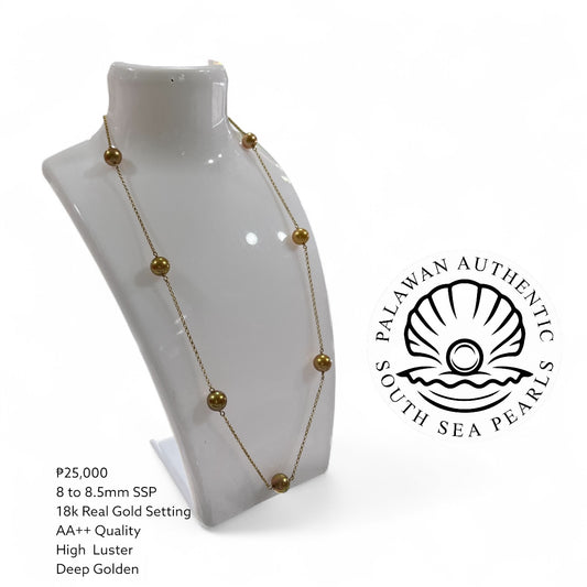 8 to 8.5mm Authentic Deep Golden Color South Sea Pearl Station Necklace in 18k Real Gold Setting