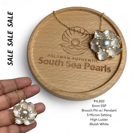8mm Authentic Bluish Color South Sea Pearl Brooch Pin W/ Pendant in 5 Micron Setting