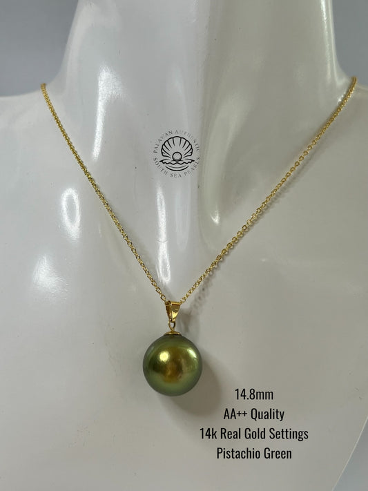 14.8mm Palawan Authentic Pistachio Green Color South Sea Pearl Pendant in 14k Real Gold Settings