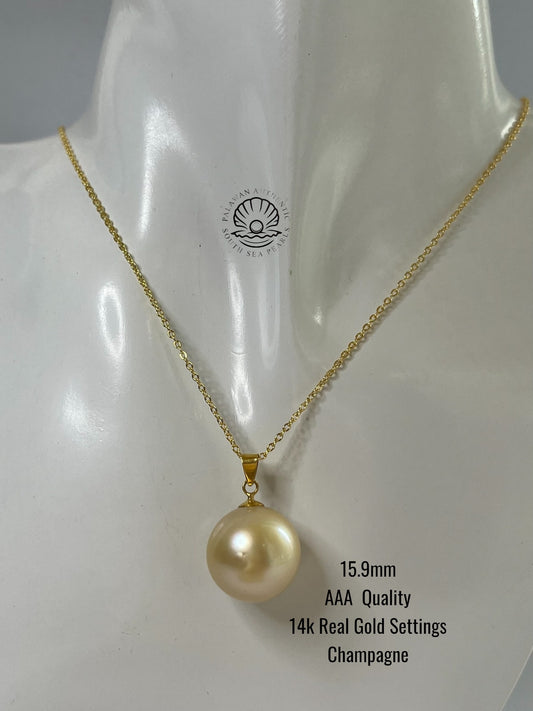 15.9mm Palawan Authentic Champagne Color South Sea Pearl Pendant in 14k Real Gold Settings