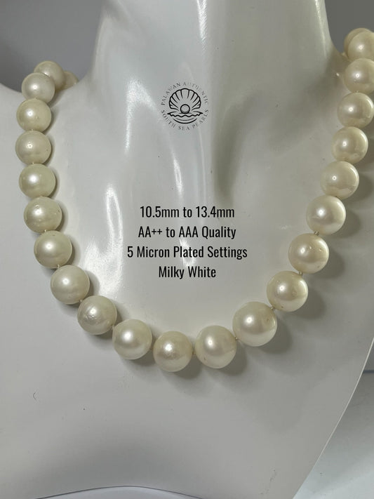 10.5 to 13.4mm Palawan Authentic Milky White Color South Sea Pearl Choker in 5 Micron Lock Settings