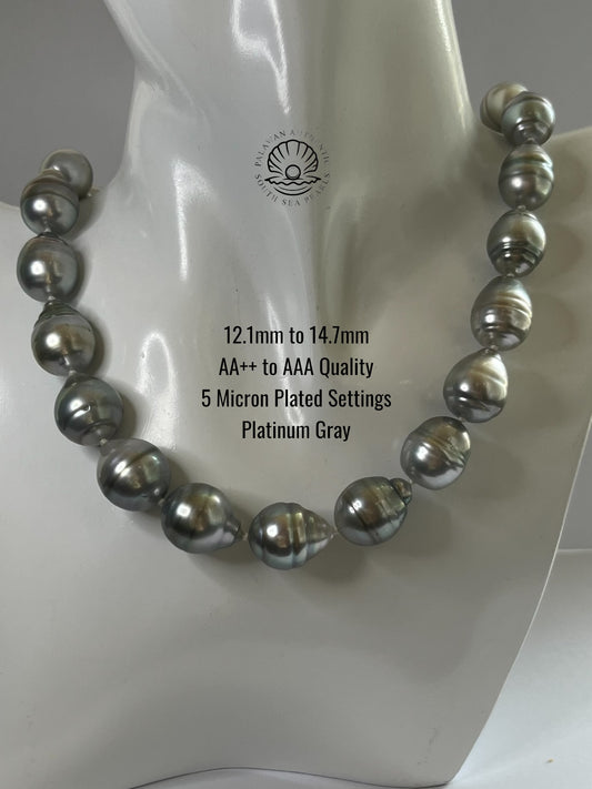 12.1 to 14.7mm Palawan Authentic Platinum Gray Color South Sea Pearl Choker in 5 Micron Lock Settings