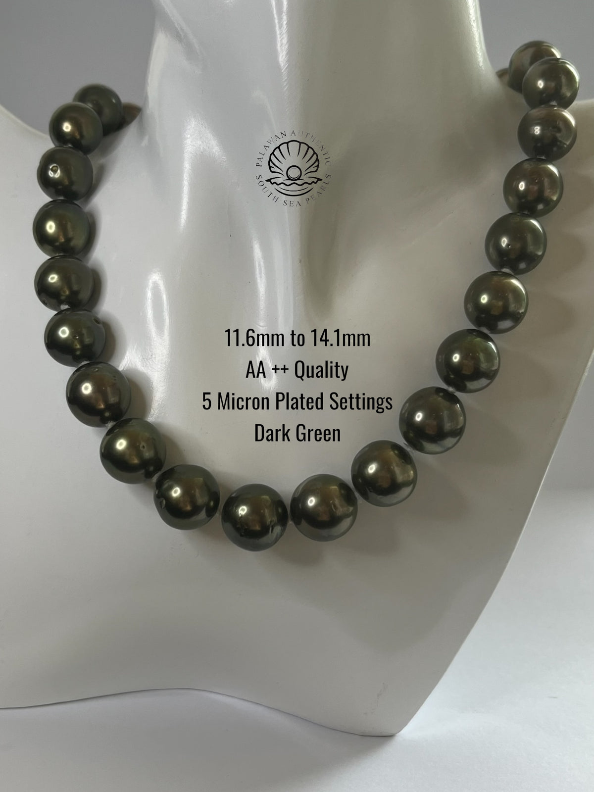 11.6 to 14.1mm Palawan Authentic Dark Green South Sea Pearl Choker in 5  Micron Lock Setting.